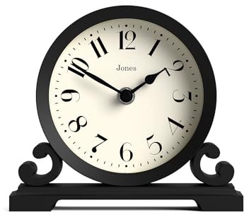 Jones Clocks® Saloon mantel clock | Traditional double scroll design | Black | Contemporary classic style for desk, table, shelf or bedside