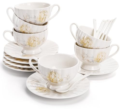 WRINGKIT Tea Cups and Saucers Set of 6, 7 Oz Floral Tea Cups, White Porcelain Tea Cup with Saucer, British Coffee Cups Sets for Women Teas Party, Cappuccino, Latte, Microwave Safe