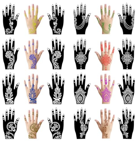 Koonafy 16 fogli per tatuaggi di henné, coppie henné tatuaggio temporaneo henny, Stencil per Tatuaggi per Donne,Stencil a fiori per pittura del corpo, per viso e corpo (B)