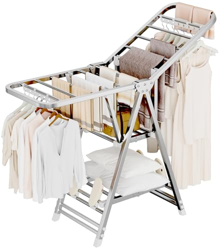 MIKEE Clothes Drying Rack,Stainless Steel Foldable Laundry Drying Rack with Height Adjustable Wings,Clothes Rack with Shoe Rack,Windproof Hanging Holes and Wheels，132 lb,Indoor Outdoor Use