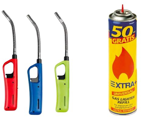 Pack 3 Encendedores de Gas Flexibles Multiusos, Cuello Largo Articulable, Recargables, Resistentes al Viento, con Botella de Recarga, para Velas, Fogones y BBQ