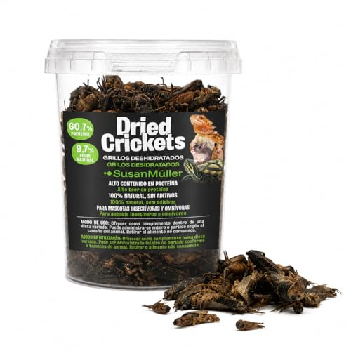 Susan Müller Grillos Deshidratados 70 g para Reptiles, Tortugas, Aves Insectívoras y Pequeños Omnívoros – Snack Natural 100% Grillo, Alto en Proteína 60,7%, Sin Aditivos