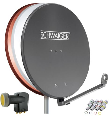 SCHWAIGER Satellitenschüssel Komplettset - Ø 88 cm Aluminium Offset Antenne in Anthrazit - Inkl. Quad LNB 4-Fach - Digital HD & 4K Empfang - Integrierte Kabelführung & wetterfest