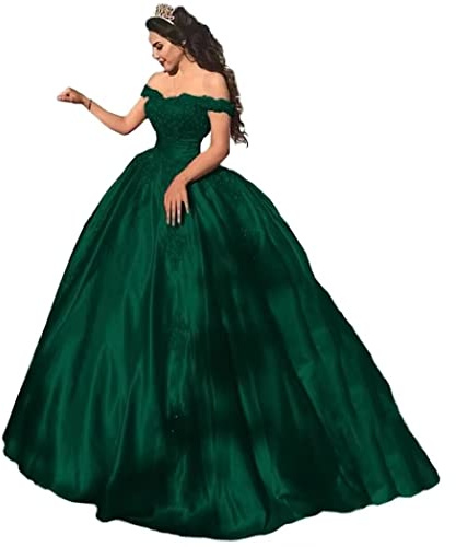 Topashe Women's Off Shoulder lace Applique Prom Dress Satin Quinceanera Ball Gowns Emerald Size 20