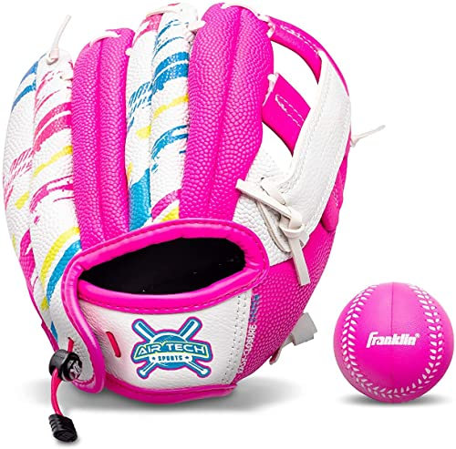 Franklin Sports Air Tech Baseball Glove with Ball - Tee Ball - Soft Air Tech Foam - White/Pink