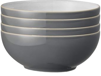 Denby - Elements Fossil Grey Cereal Bowls Set of 4 - Dishwasher Microwave Safe Crockery 820ml 17cm - Dark Grey, White Ceramic Stoneware Tableware - Chip & Crack Resistant Soup Bowls