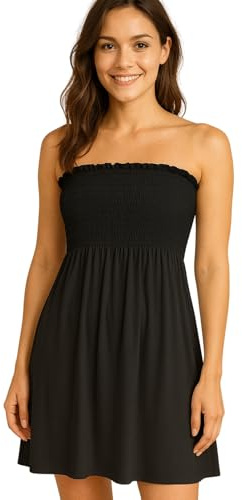 STAR FASHION Women’s Strapless Sheering Ruched Bandeau Dress Plain Boob Tube Sleeveless Midi Dress Summer Holiday Beach Flared Dress Soft Stretch Black 8-10