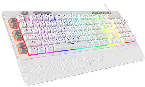 Redragon K512 Shiva RGB Backlit Membrane Gaming Keyboard with Multimedia Keys, Linear Mechanical-Feel Switch, 6 Extra On-Board Macro Keys, Dedicated Media Control, Detachable Wrist Rest, White