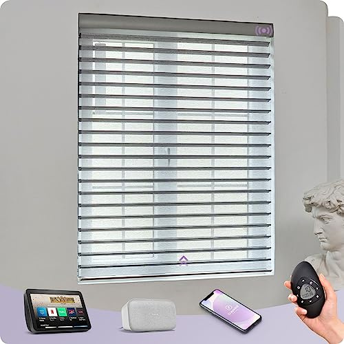 Graywind Customized Smart Shangrila Blinds with Rechargeable Motor, Light Filtering Electric Roller Blinds With Remote Control, Privacy Motorised Shades Compatible Alexa Google, Jacquard Grey