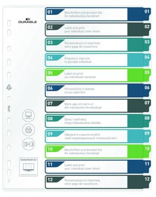 Durable Ordnerregister 1-12, Register A4+ hoch, beschriftbares Indexblatt, 100% recycelbar, mehrfarbig, 679627