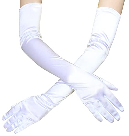 Guanti lunghi da donna Guanto da sera Opera Party Guanto in raso anni '20 Guanti da dito elasticizzati Lunghezza gomito per abiti Costume da cigno (Bianco)