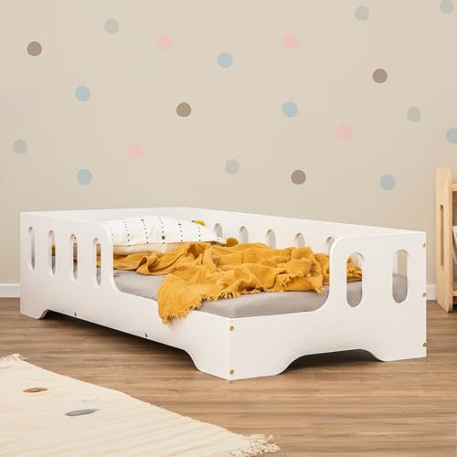 smartwood Barnsäng 90x190 cm med Fallskydd, av Furuträ, Vit, TILA 1P | Montessori säng för barn, ribbotten upp till 230 kg, FSC-certifierad, rundade kanter, enkel montering, från 3 år