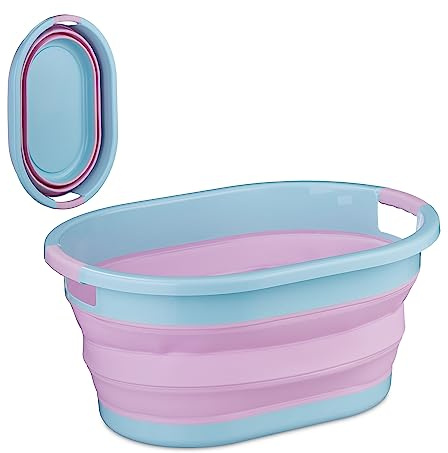 Relaxdays Cesto Portabiancheria Pieghevole, 22 Litri, Contenitore Salvaspazio in Plastica con Impugnature, Rosa Blu