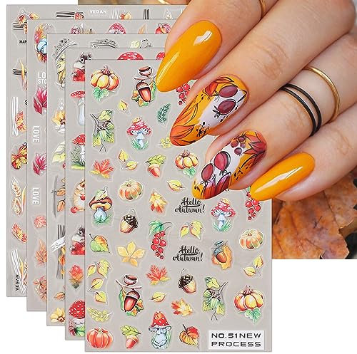 JMEOWIO Nagelsticker Herbst 6 Blatt Nail Art Sticker Selbstklebend Nagelaufkleber Kürbis Ahornblatt Erntedankfest Dekoration Nageldesign Zubehör