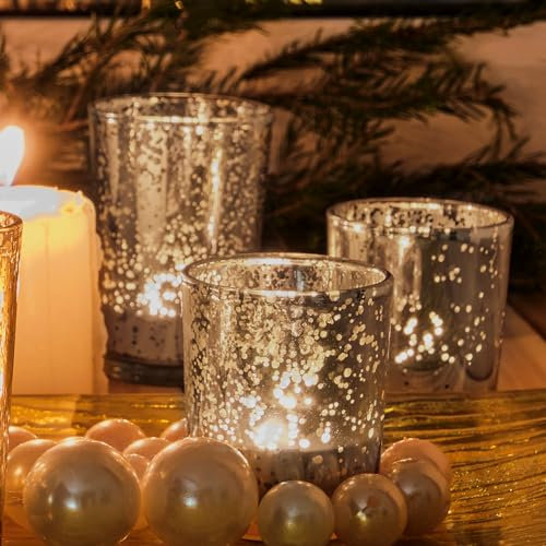 12 Stück Silber Teelichthalter, 6.8cm Teelichthalter Glas,Teelichtgläser Deko für Geburtstag, Party, Hochzeit, Feier, Haushalt, Gastronomie
