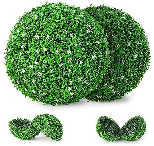 GIANTEX 2 Stück Buchsbaumkugel 49 cm, künstliche Pflanze Buchsbaum Kugel mit 180 Blüten, Formschnittball Kunstbaum Kunstpflanze UV-beständig, dekorative Kugeln für Hinterhof, Balkon, Garten