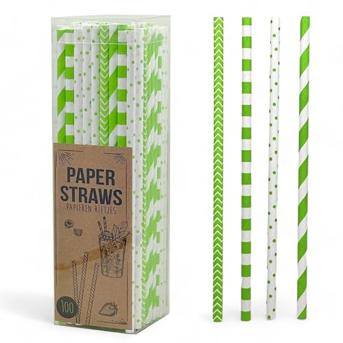 MIJOMA Cannucce di carta, ecologiche per compleanni dei bambini, matrimoni, battesimi, feste, biodegradabili (verde, pois e strisce, 100 pezzi)