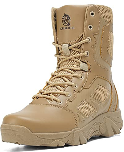 derlychug Men's Military Tactical Desert Combat Boots Side Zipper Leather Army Style Combat Boots(Sand 44)