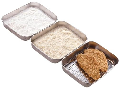 ASOENTIWOX Panierschalen Set 3 Teilig, Edelstahl Panier - Set (25cm X 19cm X 5cm) Panierstrasse, Schale zum Panieren, Lebensmittelqualität Edelstahl Schale Rechteckig, Gebratenes Fleisch, Fisch