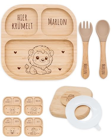 Bärenfreunde® - Personalisierter Baby Teller mit Saugnapf - Praktisches Beikost Zubehör Säugling mit Namen - Kinder Teller Rutschfest - Personalisierte Geschenke Baby (Löwe)