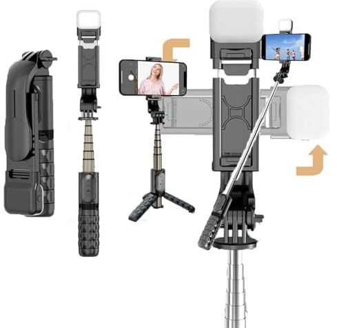 Perche à Selfie avec lumière, 74cm 360 ° tournant trepied Smartphone, Perche a Selfie avec télécommande sans Fil et 1 lumière de Remplissage, pour Selfies, Live, vidéo, Enregistrement, Voyage