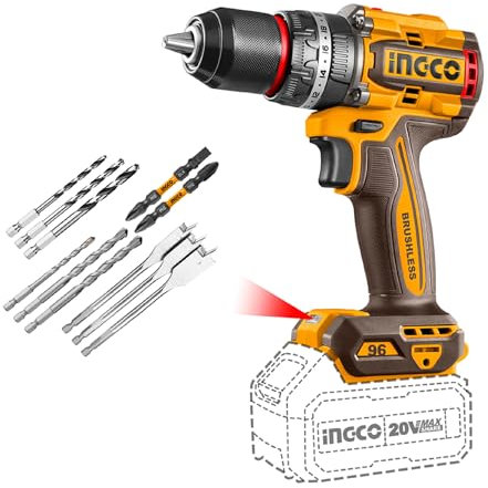 INGCO 20V Cordless Brushless Battery Drill Power Tool (Body Only) 96NM Combi Drill, 13mm Chuck, 22+1+1 Torque, 2 Speed, LED Light for Home, Garden DIY Project CIDLI209681