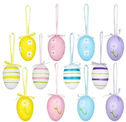 12 Pcs Easter Egg Decorations, Easter Hanging Eggs, Colorful Hanging Egg Ornaments, Colorful Plastic Painted Eggs for Diy Home Party Decorations, Stylish Springtime Window Party Decor