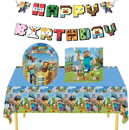 32 Pack Birthday Party Tableware Set, Decoration for Kids With 1 Tablecloth, 10 Plates, 20 Napkins, 1 Banner Party Favor Supplies (green)