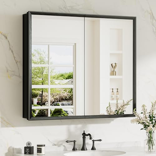 TokeShimi 30 x 26 Medicine Cabinet Mirror for Bathroom, Assembly Required, Black Recessed Medicine Cabinet with Mirror, Stepless Adjustable Shelves, Beveled Aluminum Frame, Tempered Glass