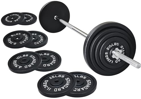 Fitvids 1 Inch Standard Barbell Weight Plates and Bar Set, 5 FT Barbell Bar and 85 LB(2.5-25 LB) Barbell Weight Set for Home Gym Strength Training, Deep Grip Edge