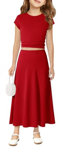 Haloumoning Ensemble de jupe longue 2 pièces pour filles - Haut court en tricot côtelé et taille élastique - Ensemble de jupes longues pour enfants de 5 à 14 ans