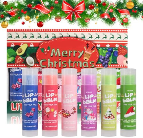 Burrocacao, Balsamo Labbra, 6 Pezzi Balsamo per Labbra di Natale, Burrocacao Natalizio, Hydrating Lip Balm Set, Lip Treatment, Set Regalo per Natale