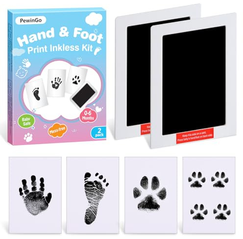 PewinGo Kit de Huellas de Mano y Pie para Bebé Tamaño XL,2 Almohadillas para Huellas sin Tinta para Bebé,4 Tarjetas para Huellas,seguro para Bebés,Regalos de Recuerdo para Recién Nacidos,Negro