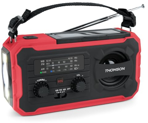 Thomson RT280R - Radio Solar de Emergencia FM/Am con Manivela, Portátil, Función Powerbank Solar 8000 mAh, Recargable USB-C, Linterna, luz de Lectura LED sin Pilas con Dinamo, Rojo