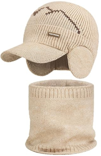 LUKIUP 2 st vintermössa herrset, med öronskydd och halsduk, unisex vindtät köldskyddsmössa för utomhus, presenter till män, fäder, män och kvinnor, Beige, En Storlek