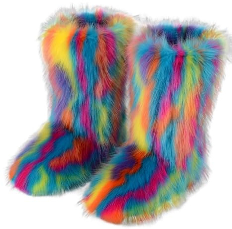 ENEN Botte en Fausse Fourrure pour Femmes 36-44, Bottes de Neige en Fausse Femme Hiver Chaude Confortable pour Extérieur et Intérieur par Temps Froid (DS20 Multicolore,42)