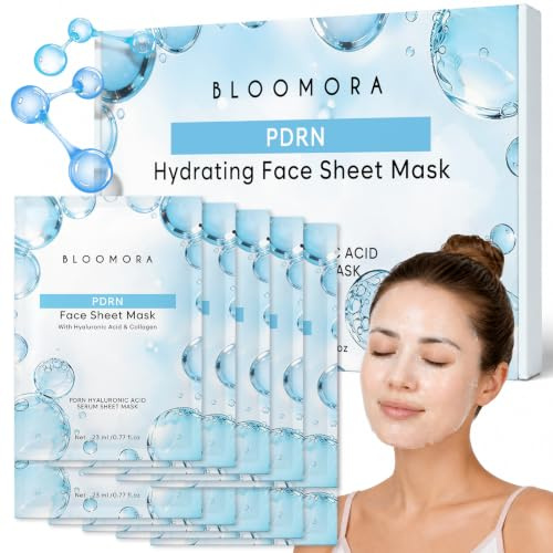 PDRN Fabric Mask - Koreansk hydrogel ansiktsmask med lax DNA, hyaluronsyra och kollagen - återfuktande masker med glaseffekt, daglig glödvård, set med 10 - BLOOMORA