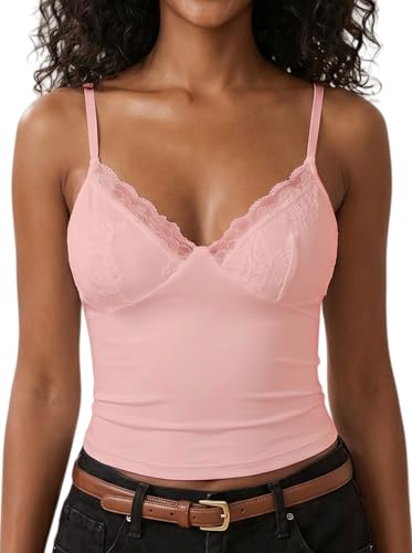 Xiaoliny Débardeurs Femme Dentelle Sexy Top Caraco sans Manches Col en V Été Haut Court Chic et Élégant Crop Tops à Bretelles Spaghetti Ajustables Y2K Slim Fit Camisole Shirt pour Casual Fête