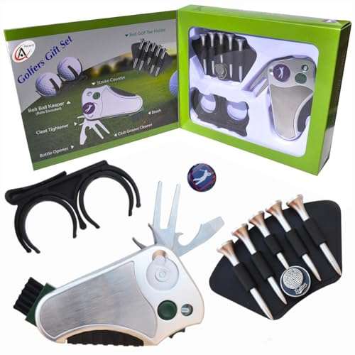 Mejor Regalo del Golfista Set: Golf Herramienta - Stroke Contador, arreglapiques y Marcador para reparación, Cepillo, Marcador de Bola, cinturón de Soporte - Idea de Regalo para Hombres Mujeres