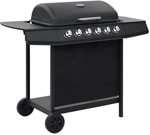 Festnight BBQ Griglia a Gas con 6 Fuochi in Acciaio Inox con 2 Ruote,Barbecue Griglia a Gas da Giardino Esterno e Cucina in Acciaio Nero/Argento con 6 Fornelli