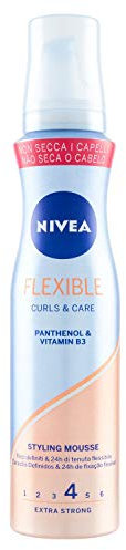NIVEA Styling Mousse Flexible Curls&Care Lockenschaum Extra Strong Lockenschaum mit Vitamin B3, Lockenmousse verleiht Glanz und Geschmeidigkeit, 4 x 150 ml