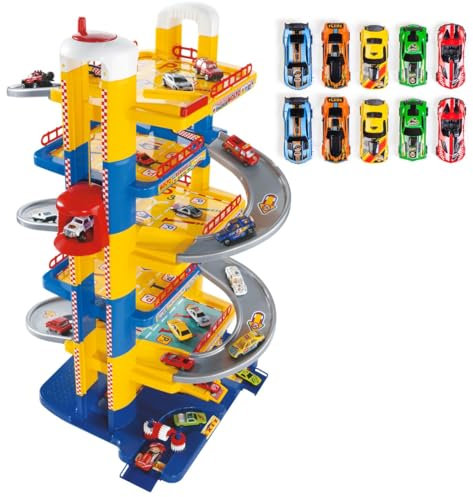 MOLTO | 6 Stockwerke Parkhaus für Kinder mit Garage, Rampen, Leinen, Aufzug, Tankstelle und Bohrung | Beinhaltet 10 Autos | Kinderspielzeug | + 3 Jahre