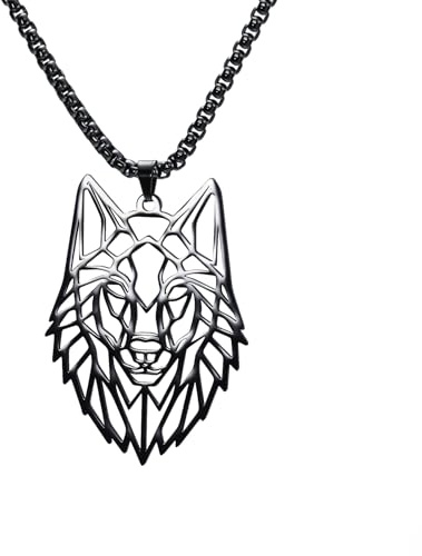 Amaxer Collana con ciondolo a forma di testa di lupo, con motivo geometrico, per amante degli animali, unisex, 50 cm