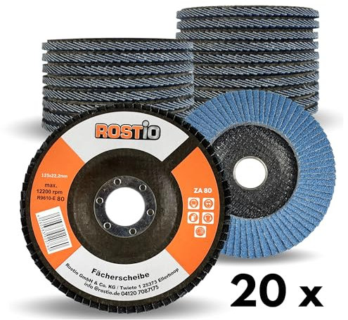 20 x Rostio Fächerscheibe 125 mm Edelstahl Inox Fächer-Schleifscheibe Zirkonkorund Blau Flex/Winkelschleifer (Korn 80)