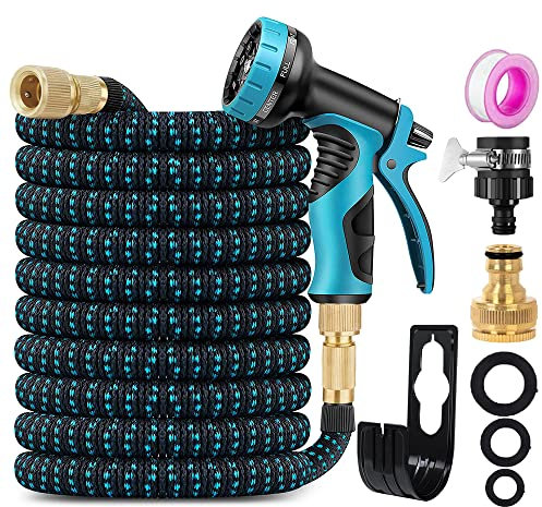 ZhiheHui Garden Hose 75FT Retractable with 3/4'', 1/2 Fitting and 16mm Universal Adapter 10 Patterns of Water Spray Guns for Watering Car Washing Pet Bathing etc., Blue