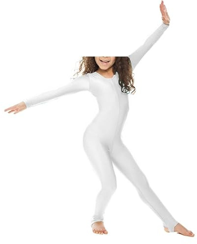 Prime fashions - Girls Shiny Nylon Long Sleeve Stirrup Catsuit - Full Body (White, 13 Years)