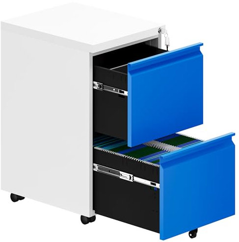 YITAHOME Rollcontainer mit Abschließbar 2 Schubladen, Mobiler Aktenschrank mit Rollen für A4, Legal, Letter, Metall Büroschrank für Home-Office, Hängeregistratur, Weiß + Blau, 51 x 39 x 71cm
