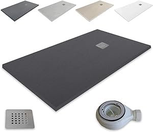 Receveur de douche en résine Atlantic - outletaseo - Texture ardoise antidérapante avec siphon et grille (70x90, Noir Ral 9005)