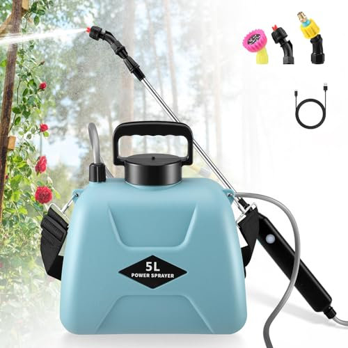 5L Drucksprüher, Elektrischer Pflanzensprüher mit 3 Nebeldüsen, USB Wiederaufladbare Griff und Teleskopstab, Gartenspritze Sprühgerät Unkrautspritze für Garten Jäten Autowäsche