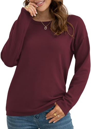 Anelune Women's Pullover Sweaters Long Sleeve Print Knitted Crew Neck Sweater Tops Wine Red